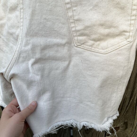 Vintage Boss Shorts Mens 36 White Denim Hip Hop Rap 90s Baggy Spellout Logo Fray - Picture 10 of 16